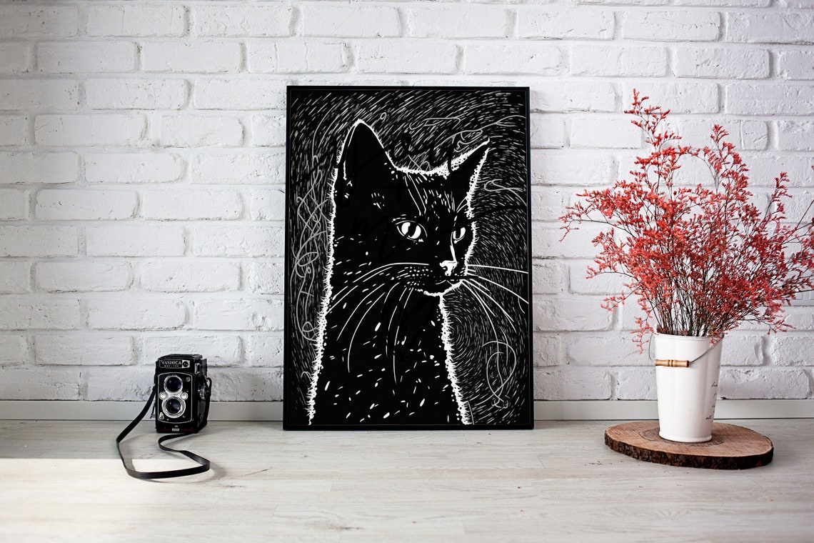 Black Cat Head White on Black Scratchboard Minimalist Pet Poster - Image 2