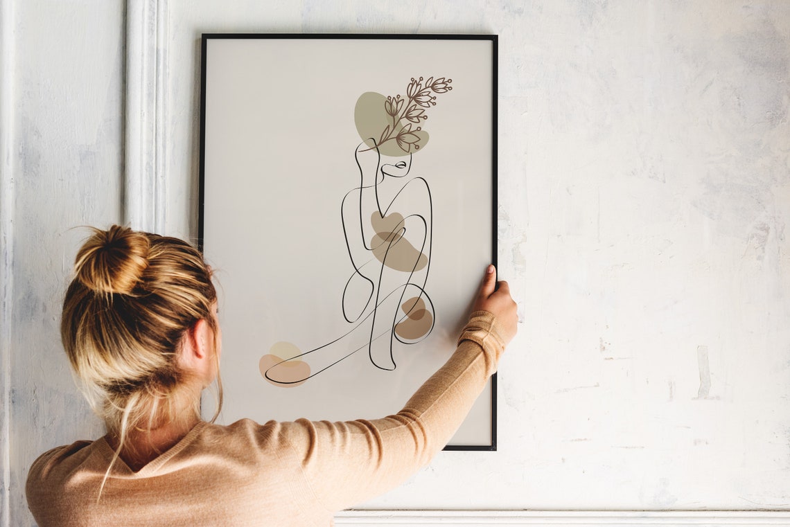 Minimalist Woman Line Art Floral Abstract Beige Elegant Poster - Image 4