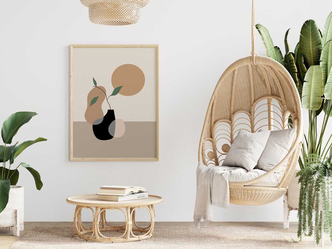 Abstract Vase Green Branch Sun Neutral Modern Still Life Poster - Image 3