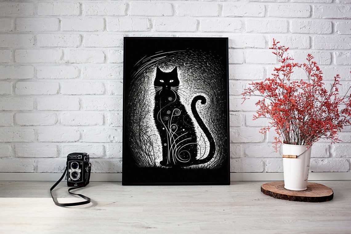 Mystical Black Cat Scratchboard Portrait Minimalist Animal Poster - Image 3