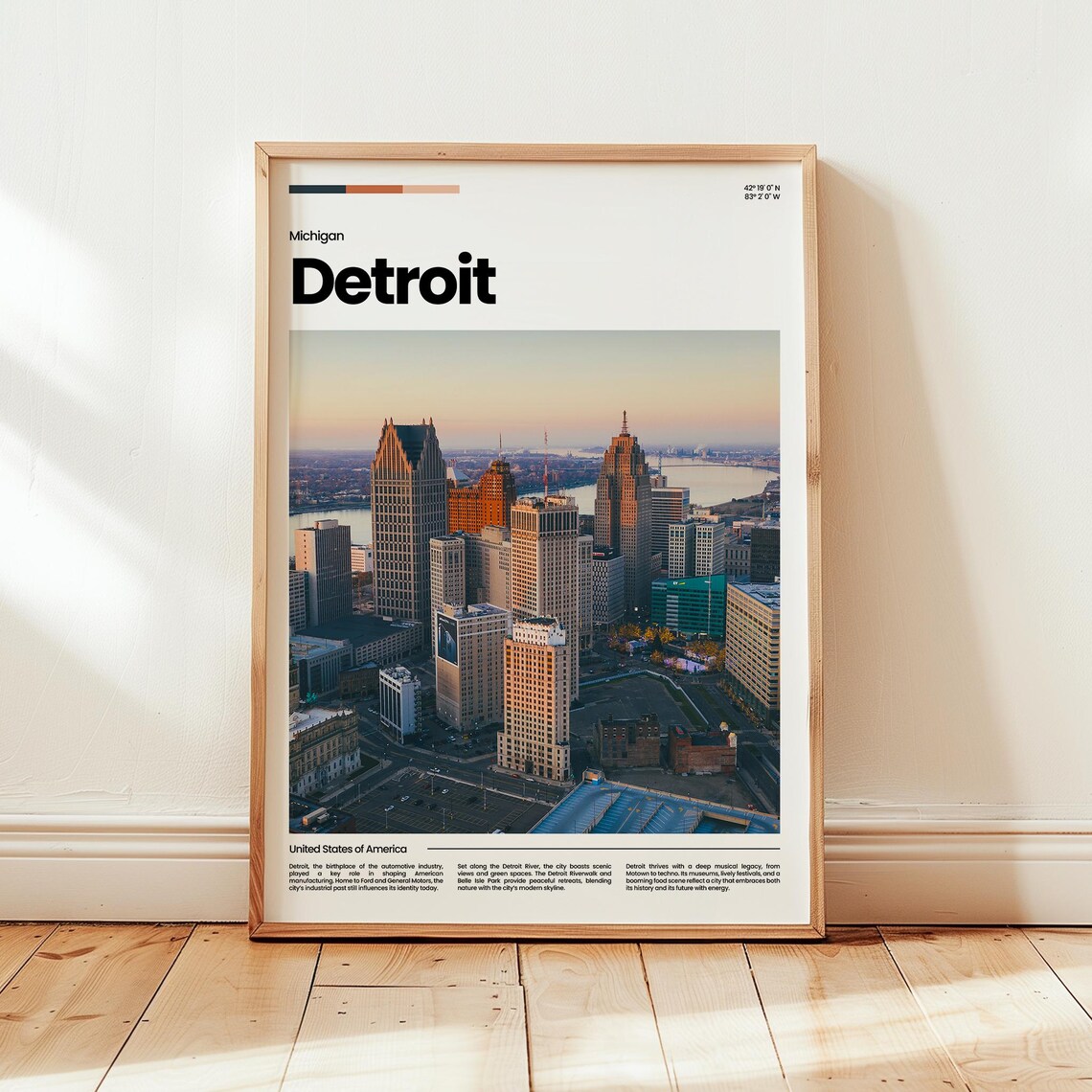 Detroit Michigan Aerial Sunset Skyline River Photo Travel Poster