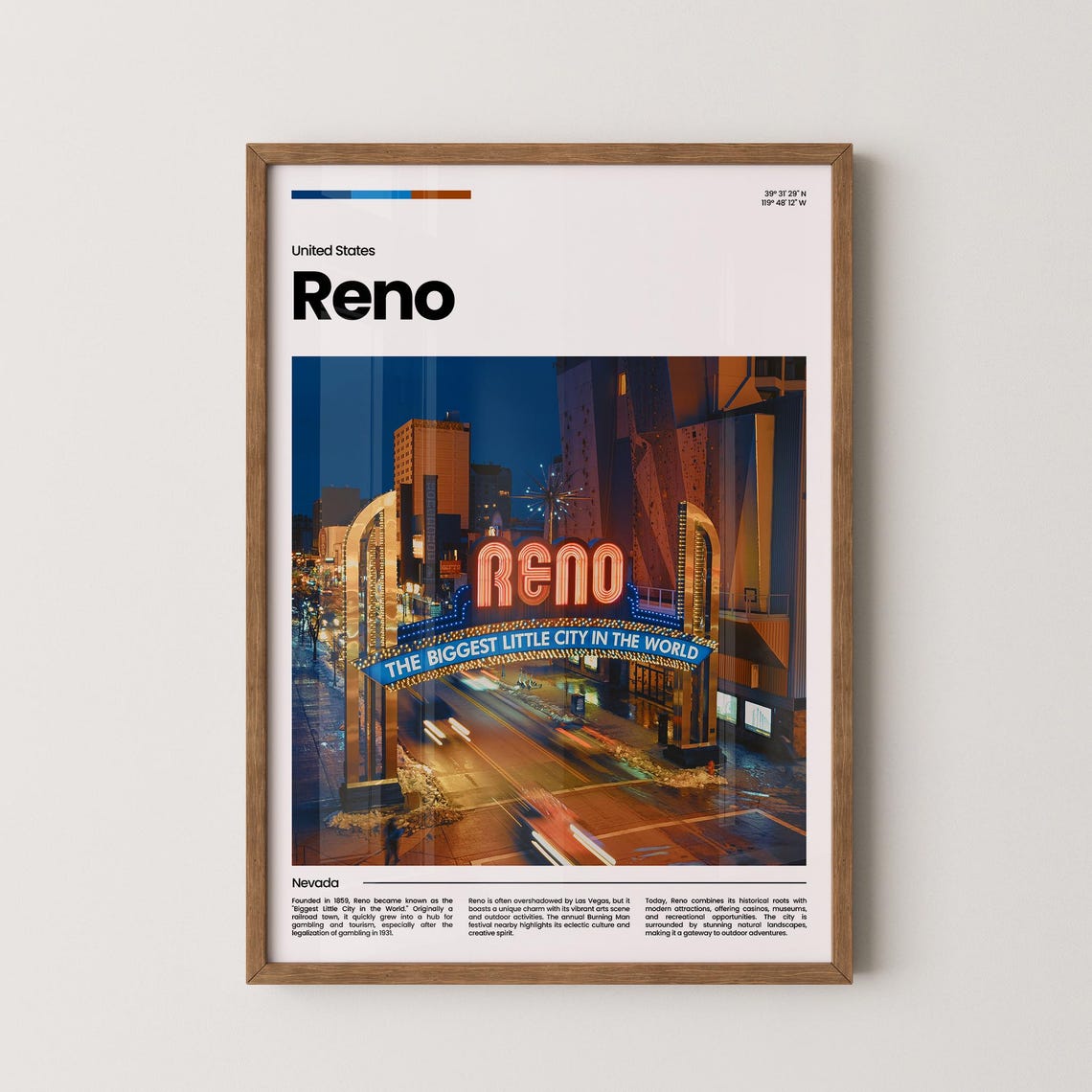Reno Travel Poster Reno Poster Reno Photo Poster Reno Art Print Reno Art Usa Poster Usa Travel Poster Travel Gift