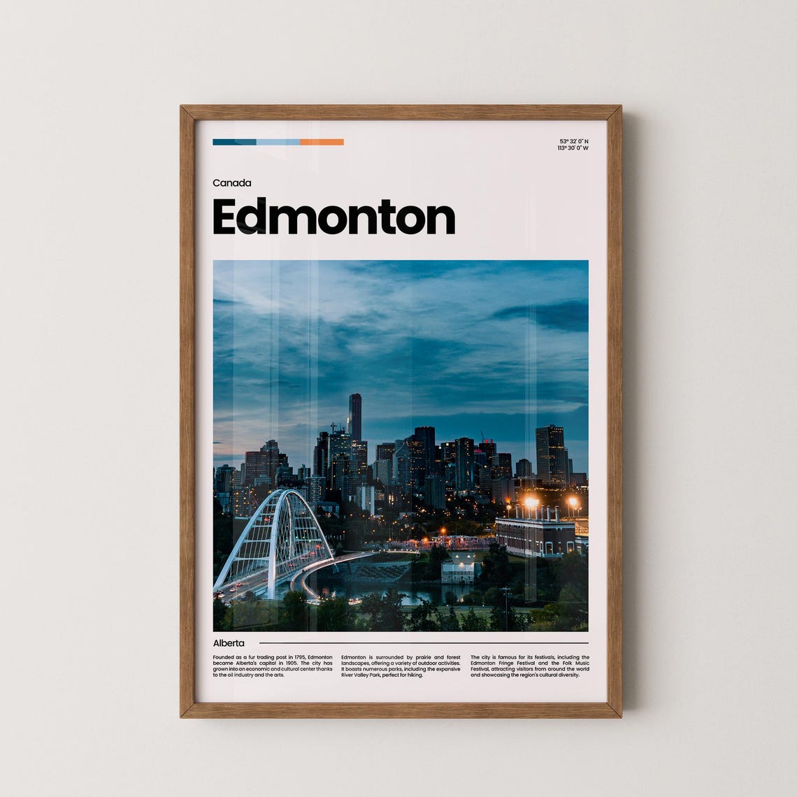 Edmonton Night Skyline Walterdale Bridge Canada Travel Poster