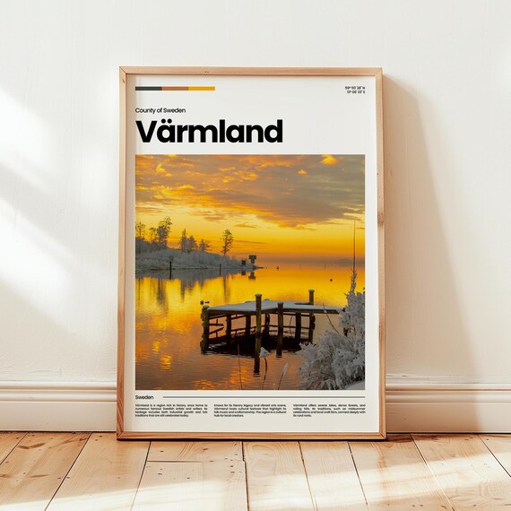 Värmland Sweden Golden Sunset Lake Dock Photography Travel Poster