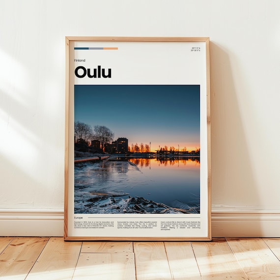 Oulu Finland Frozen River Sunset Arctic City Modern Travel Poster