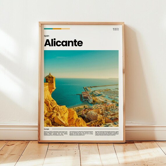 Alicante Spain Coast Travel Poster Castle View Mediterranean Sea Skyline Art