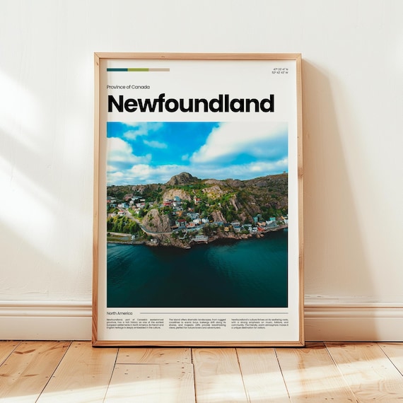 Newfoundland Canada Travel Poster With Coastal Town And Harbor
