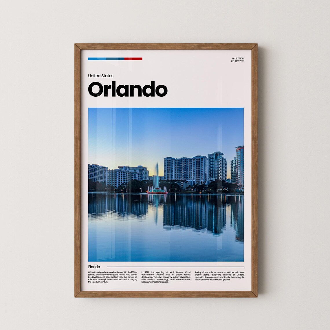 Orlando Florida Lake Fountain Dusk Skyline Travel Art Poster