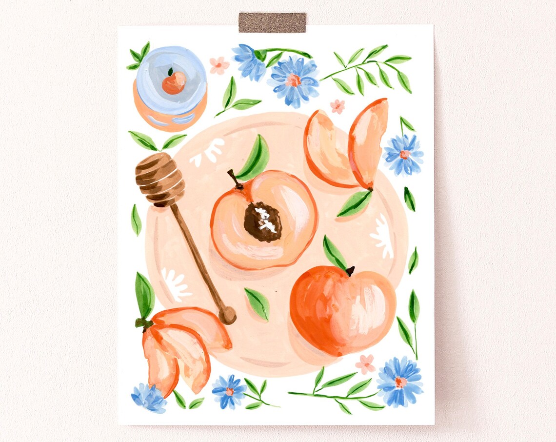 Peaches and Honey Art Print, Fruit and Flowers - Image 4