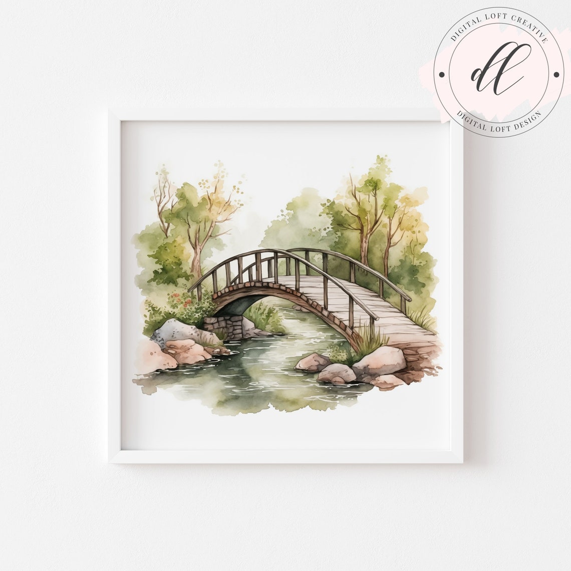 Wooden Footbridge Stream Watercolor Rustic Nature Scene Wall Art - Image 2