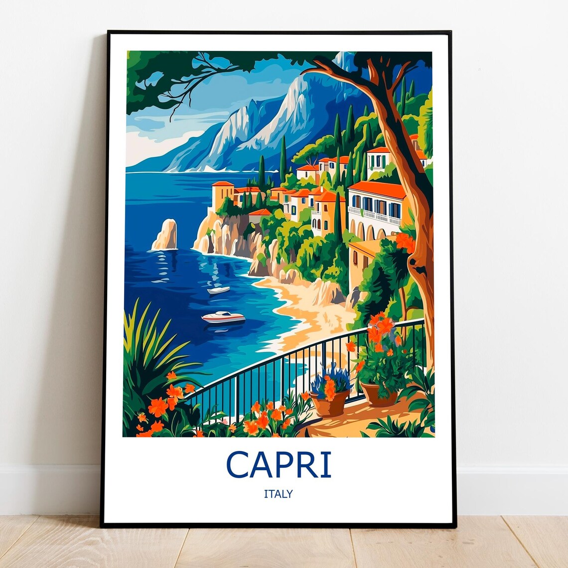 Capri Cliffside Village Boats and Blue Sea Italy Island Poster