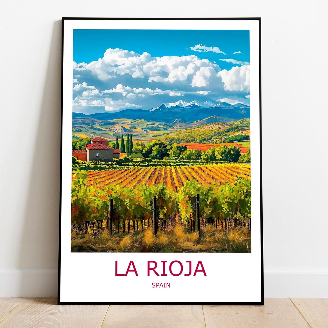 La Rioja Spain Vineyard Rows Snowy Mountain Backdrop Travel Poster