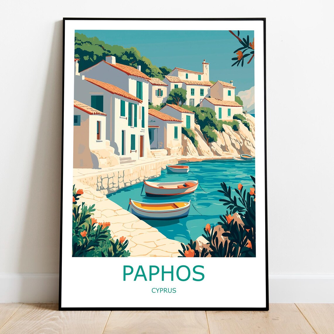 Paphos Harbor Fishing Boats Whitewashed Houses Cyprus Poster