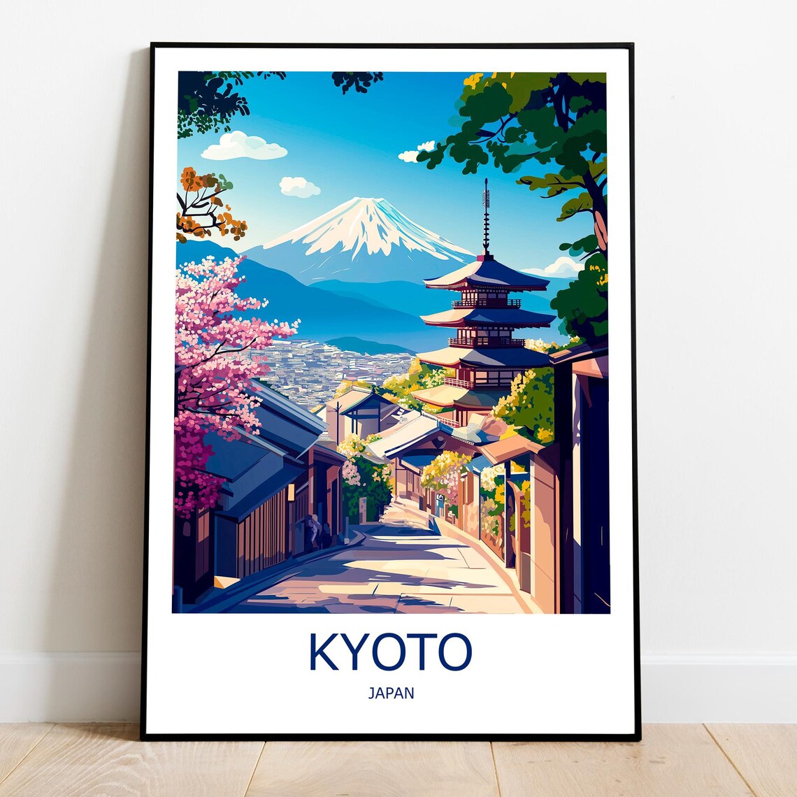 Kyoto Pagoda Street Cherry Blossoms Snowy Peak Japan Travel Poster