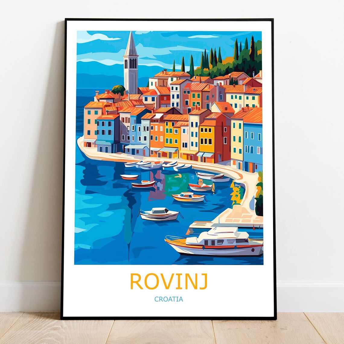 Rovinj Old Town Harbor Boats and Bell Tower Croatia Travel Poster