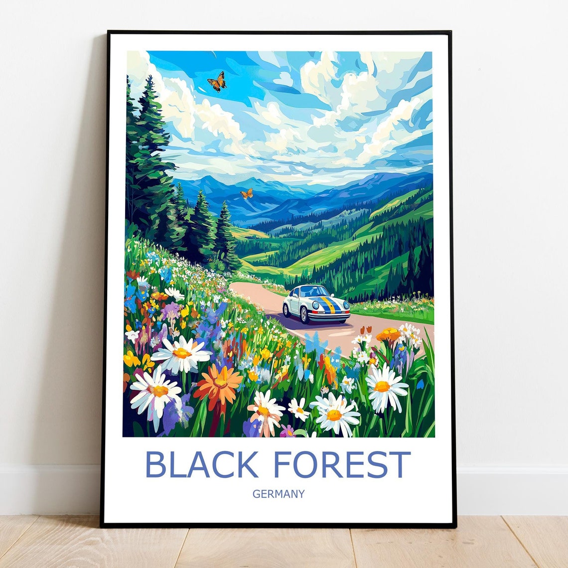 Black Forest Vintage Car on Wildflower Mountain Road Germany Poster