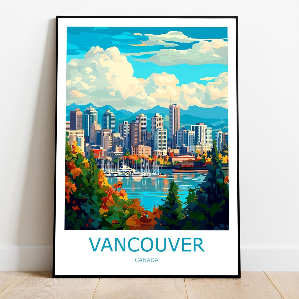 Vancouver Harbor Skyline Sailboats and Mountains Canada Travel Poster