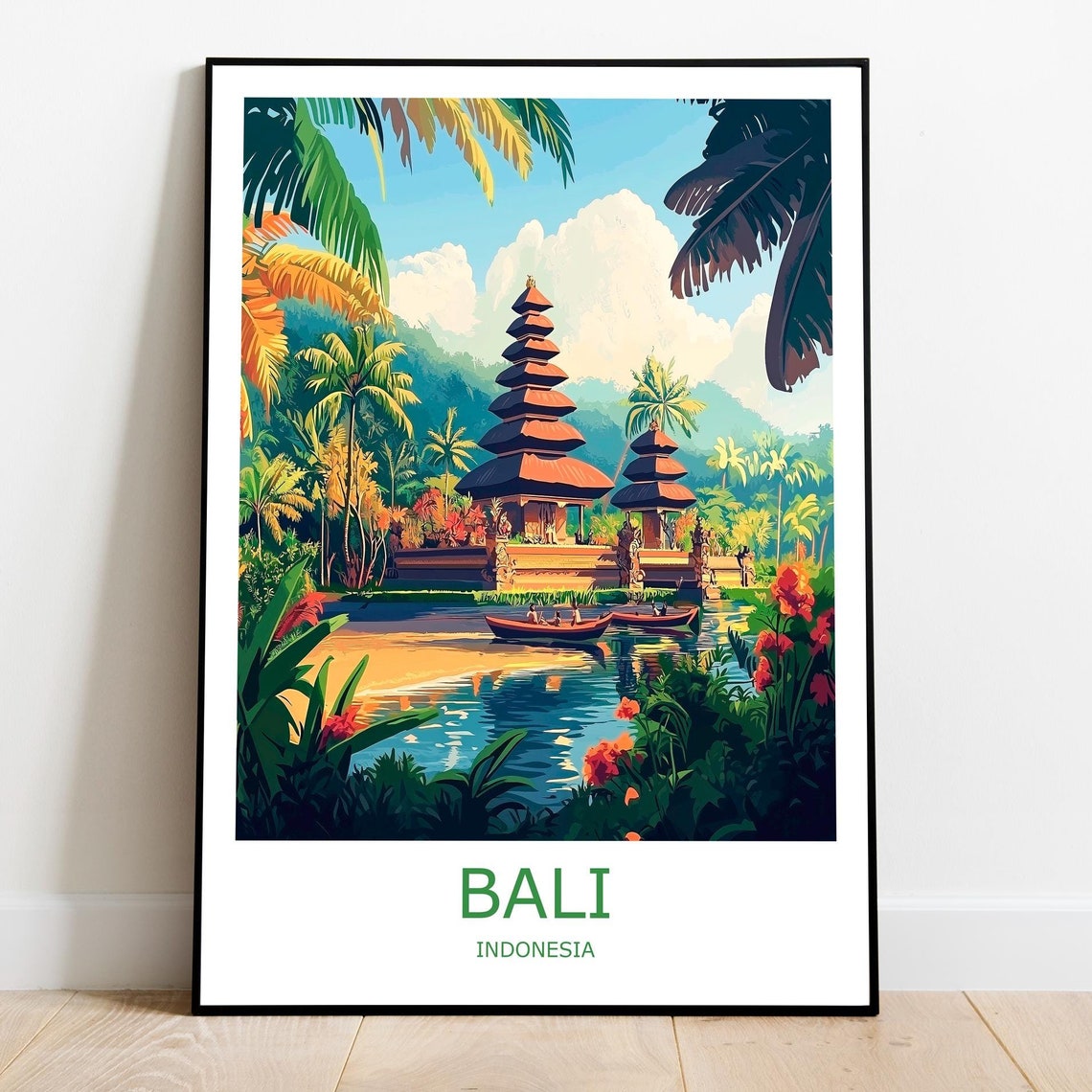 Bali Temple by the Lake Surrounded by Palms Indonesia Travel Poster