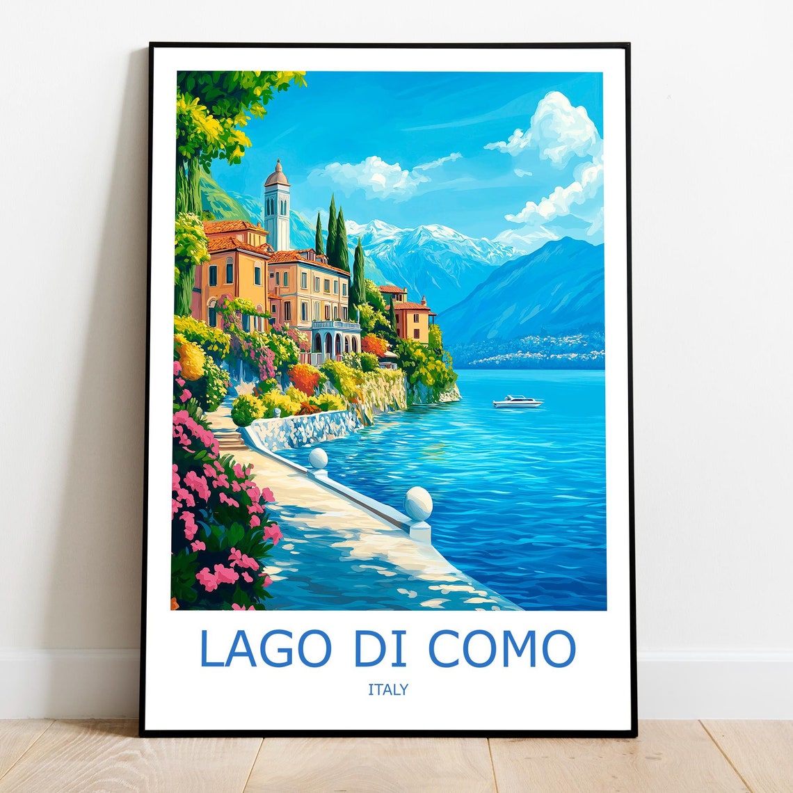 Lago di Como Lakeside Villa Promenade Snowy Alps Italy Poster