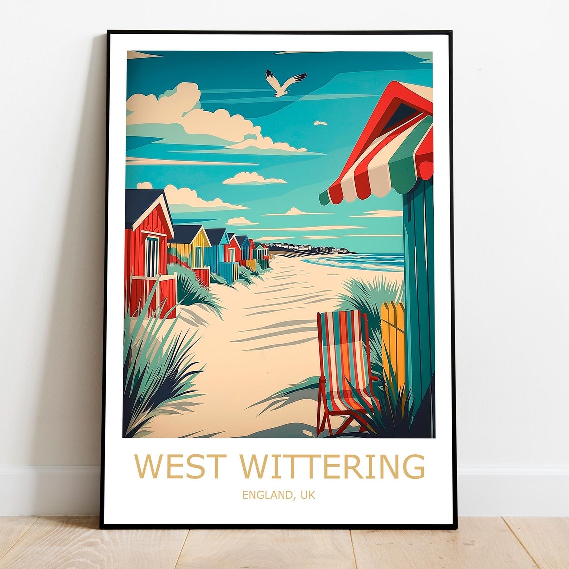West Wittering Beach Huts Striped Deck Chair England Seaside Poster