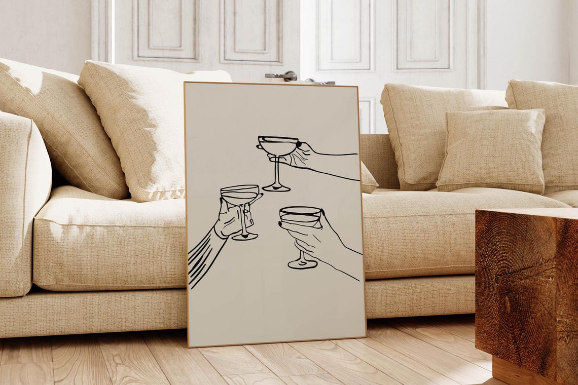 Toast Cheers Cocktail Coupe Glasses Minimal Line Art Bar Poster - Image 5