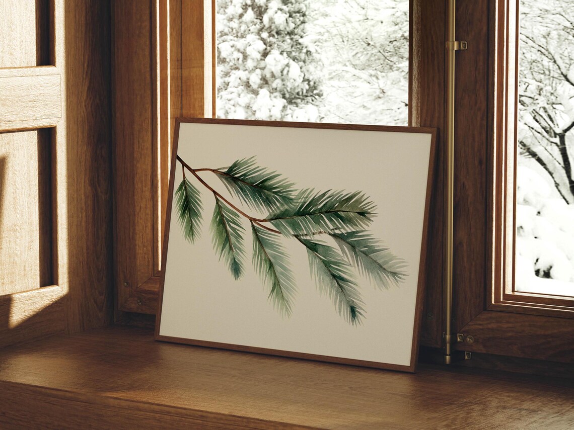 Minimal Watercolor Pine Branch Winter Botanical Christmas Poster - Image 2