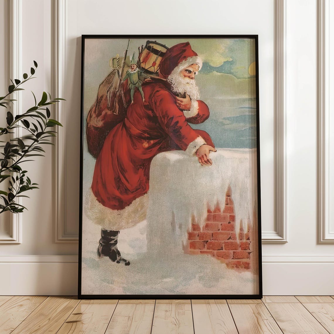Vintage Santa Climbing Snowy Chimney Victorian Christmas Poster - Image 3
