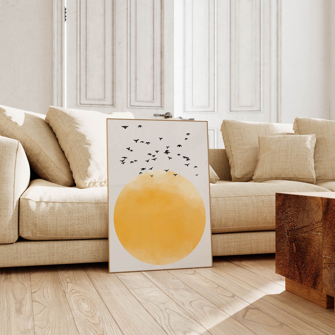 Birds Flying Over Golden Sun Watercolor Minimalist Sky Poster - Image 5