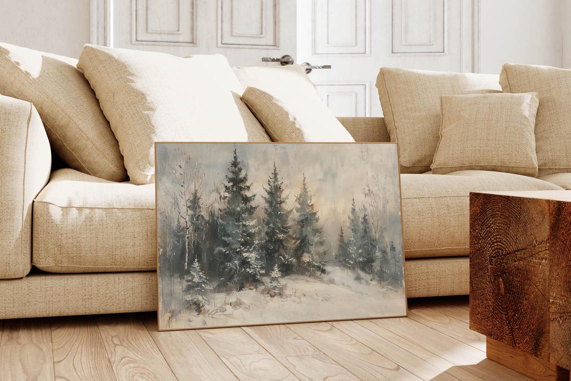 Vintage Winter Pine Forest Snow Landscape Painting Moody Poster - Image 5