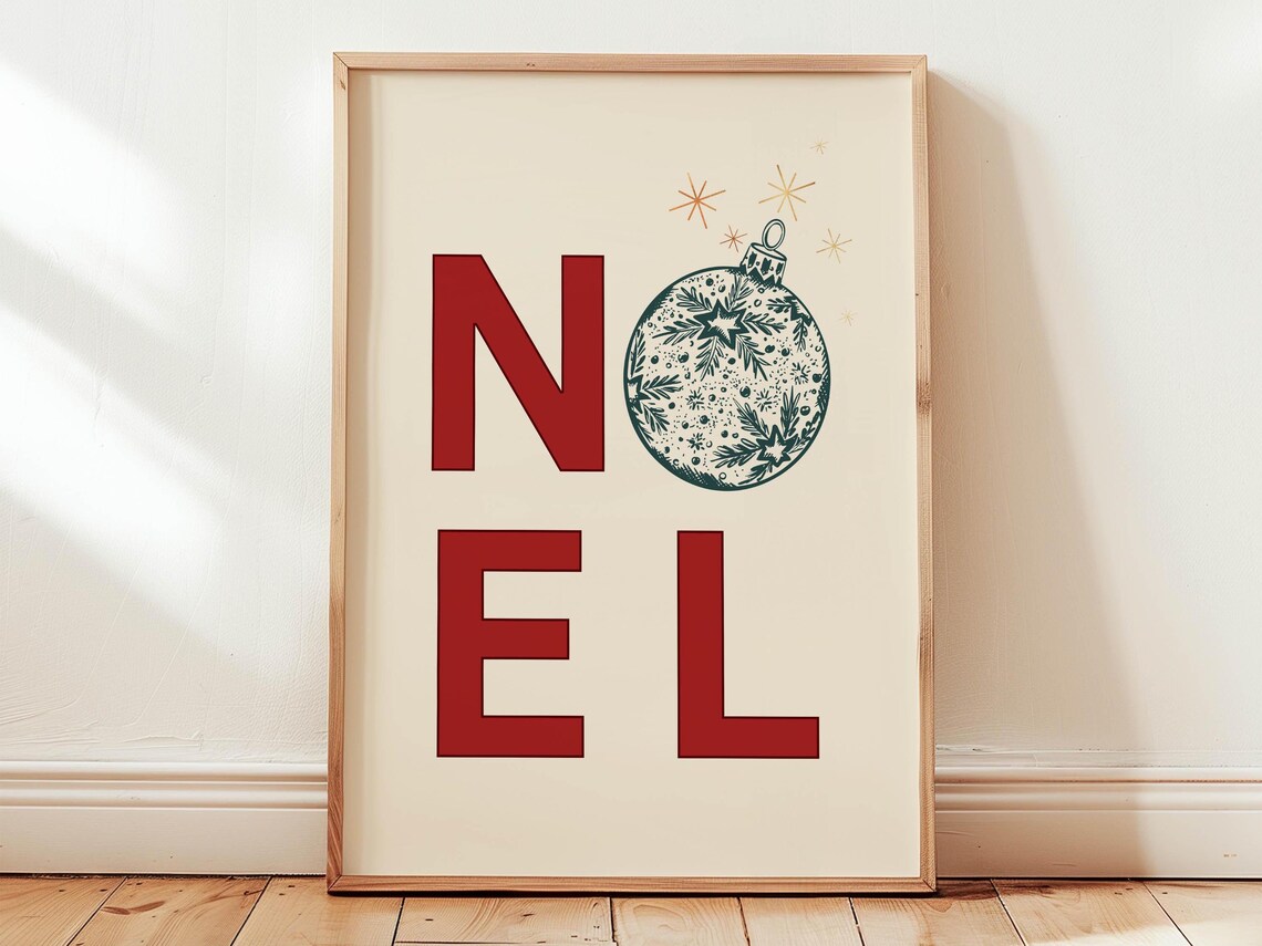Noel Stacked Red Letters Ornament Cream Christmas Art Poster - Image 3