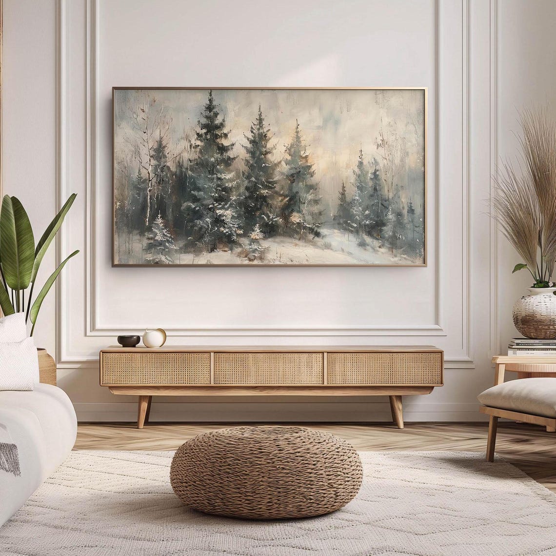 Snowy Pine Forest Winter Painting Muted Blue Gray Frame TV Poster - Image 2