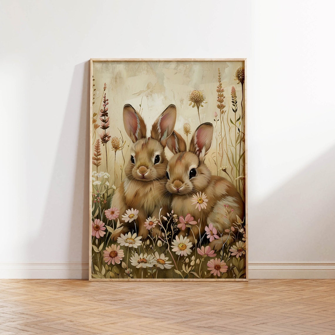 Vintage Style Bunnies Wildflower Meadow Painting Easter Poster - Image 3