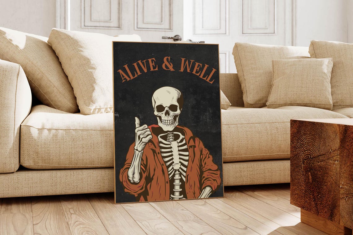 Alive And Well Cool Skeleton In Jacket Retro Halloween Art Poster - Image 5