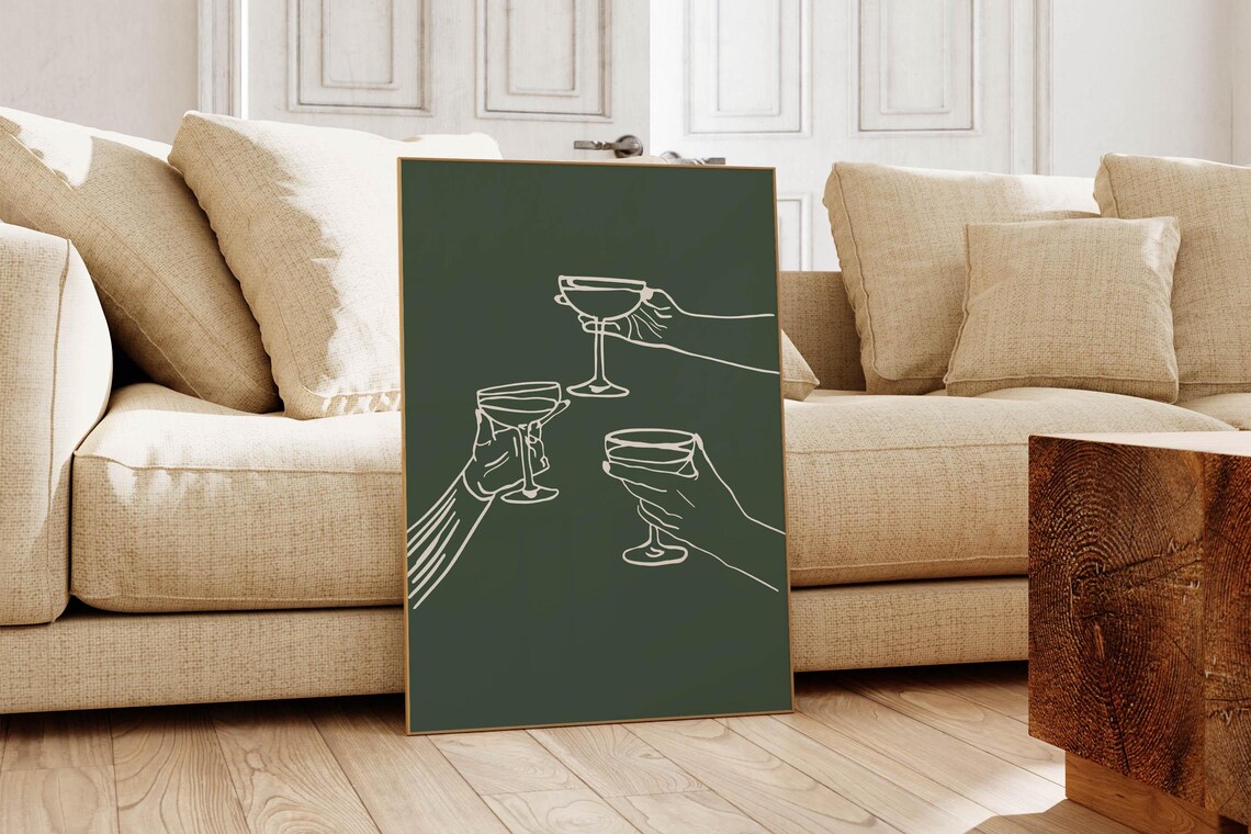 Cheers Toast Champagne Coupes Line Art On Dark Green Bar Cart Wall Art Print - Image 6