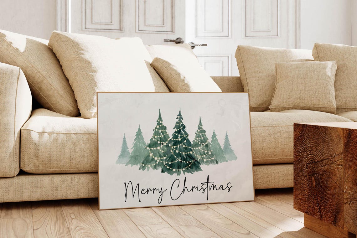 Merry Christmas Watercolor Trees String Lights Holiday Wall Poster - Image 6
