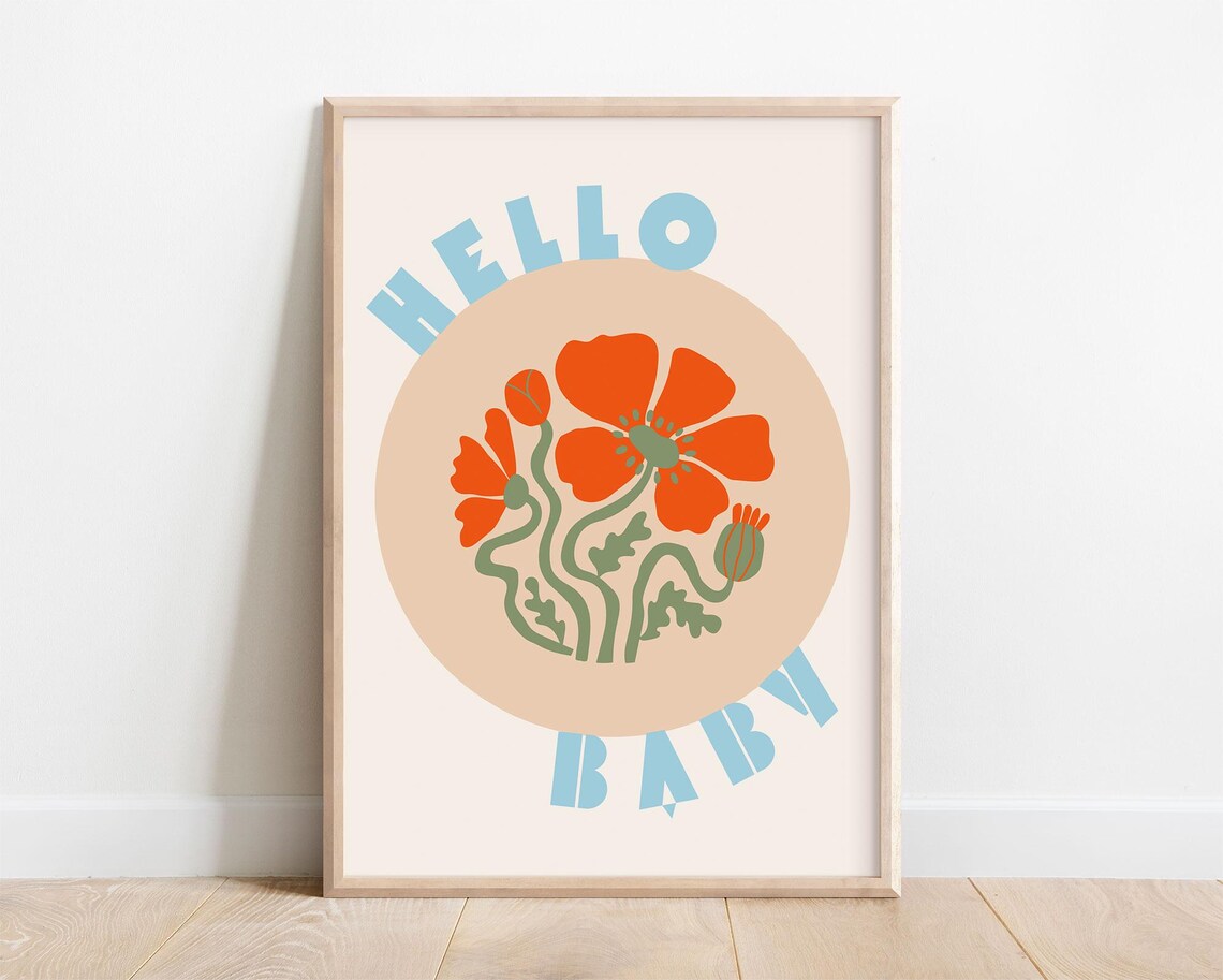 Hello Baby Retro Floral Nursery Poster with Orange Poppy Flower Art - Image 5