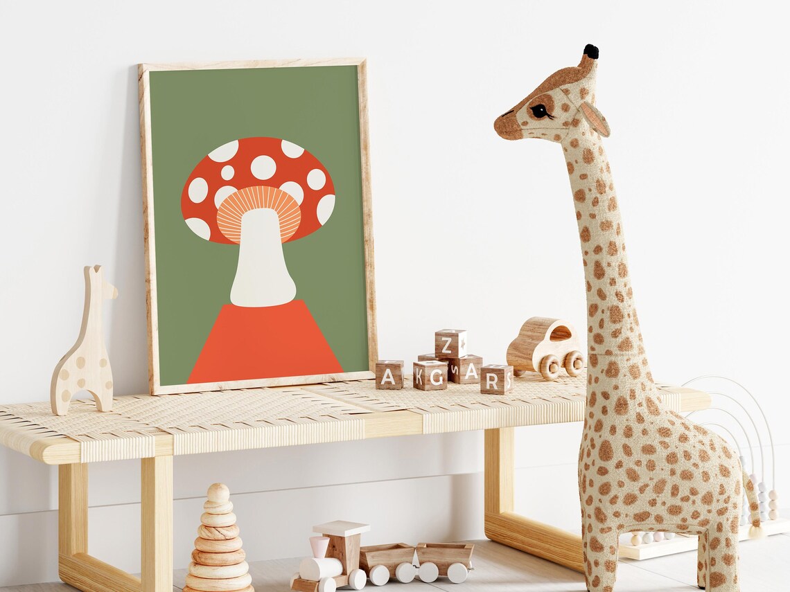 Red Spotted Mushroom Poster with Retro Sage Green Woodland Art - Image 4
