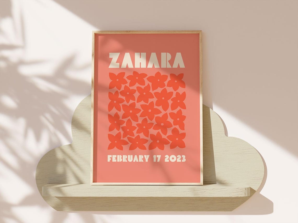 Zahara Personalized Name Birthdate Coral Floral Nursery Poster - Image 4
