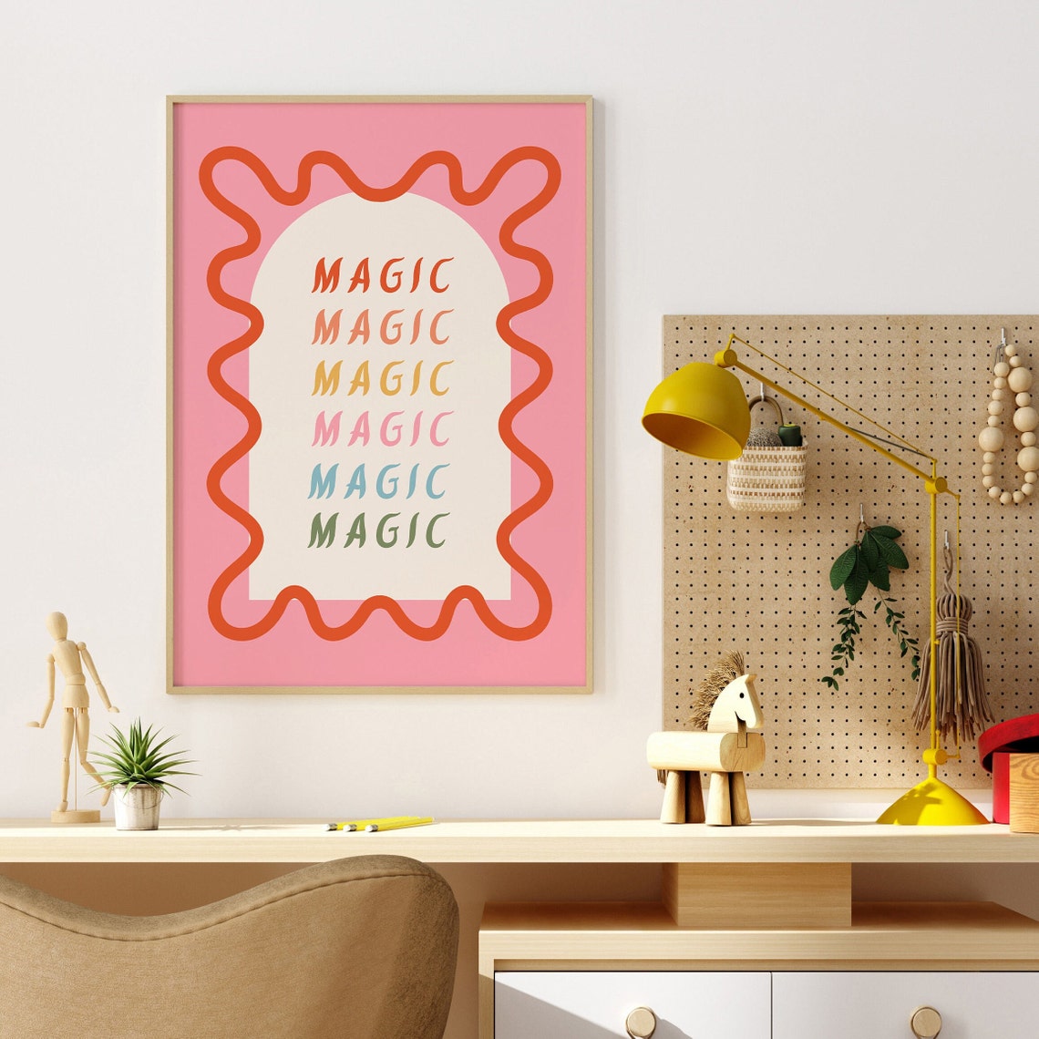 Magic Repeated Rainbow Letters Pink Wavy Frame Kids Room Poster - Image 4