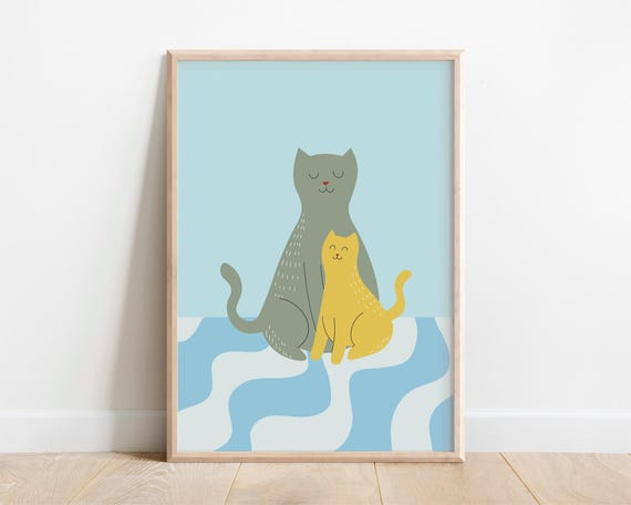 Cute Cat Print Kids Wall Art Colorful Playroom Print Retro Toddler Poster Baby Shower Gift Bright Nursery Decor Boho Kitten Picture