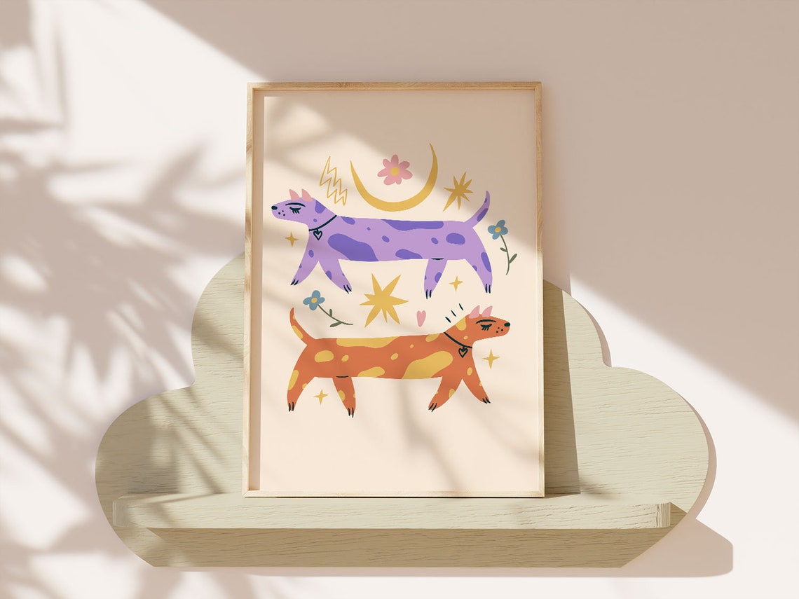 Two Playful Dogs Moon Stars Celestial Kids Room Decor Wall Art - Image 3
