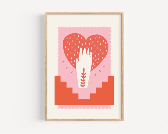 Scandi Heart in Hand Kids Poster with Red and Pink Folk Art Style