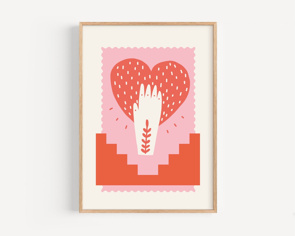 Scandi Heart in Hand Kids Poster with Red and Pink Folk Art Style
