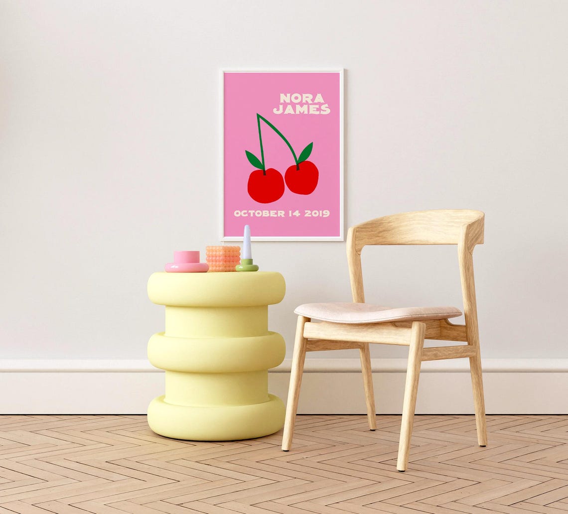 Nora James Personalized Name Birthdate Cherry Nursery Poster - Image 4