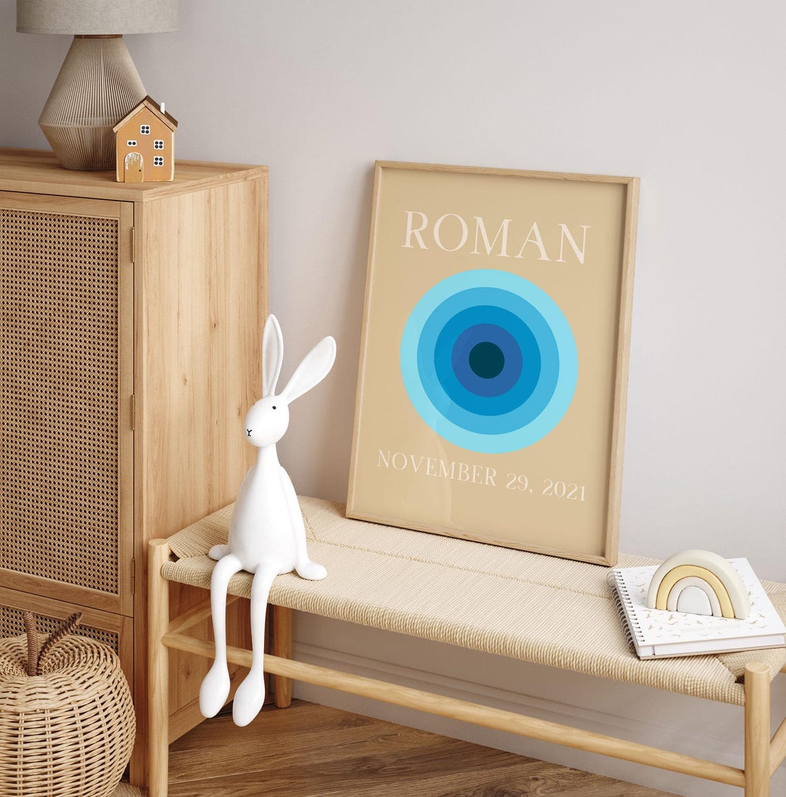 Roman Personalized Name Birthdate Blue Circle Nursery Poster - Image 4