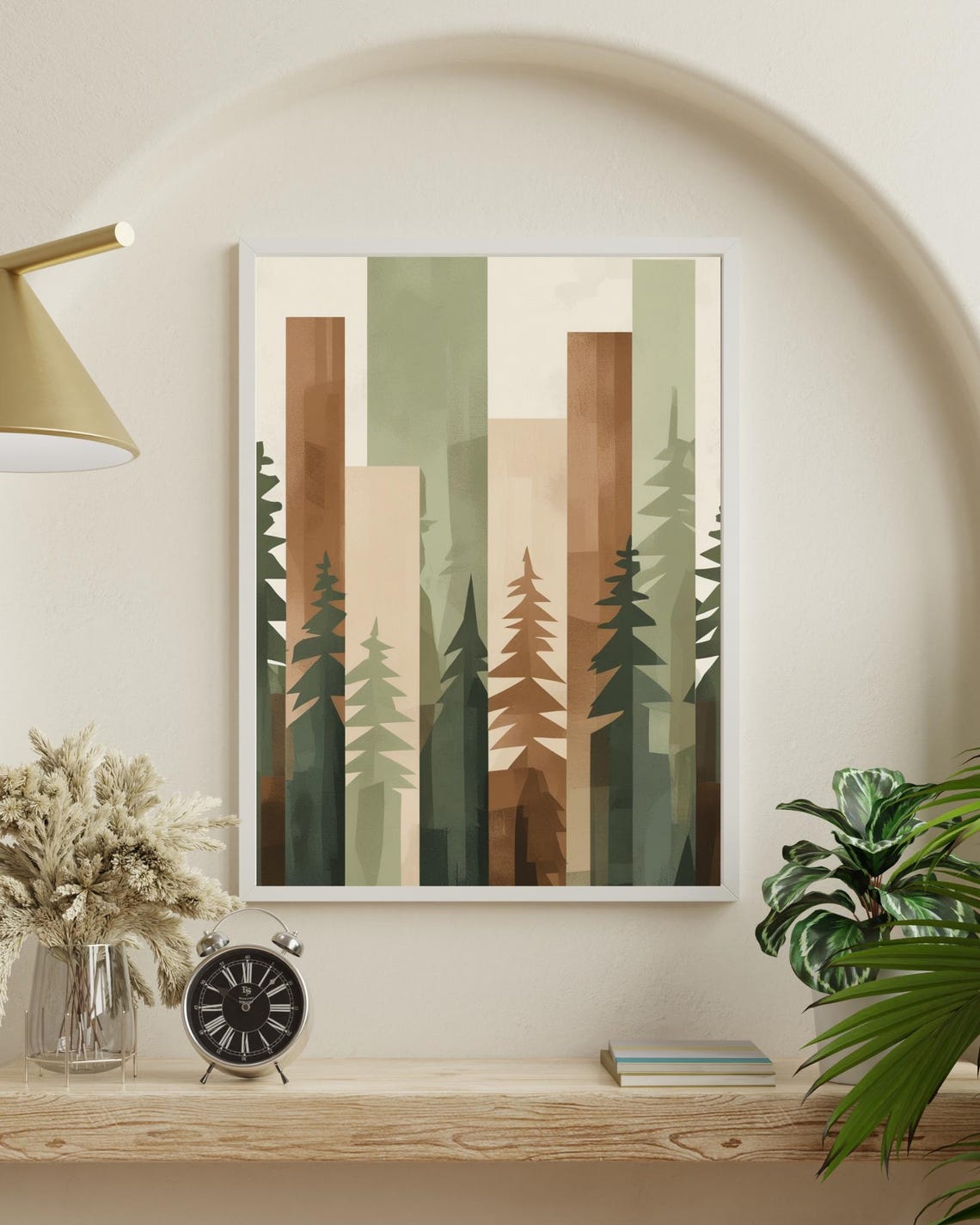 Geometric Pine Forest Earthy Green Brown Abstract Nature Art Poster