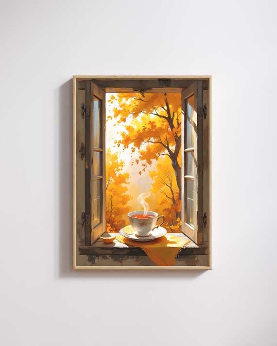 Golden Autumn Tea Window Cozy Fall Poster Rustic Cottage Wall Art Warm Orange Leaf Illustration Print