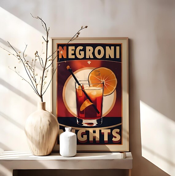 Negroni Nights Vintage Cocktail Bar Decor Retro Orange Wall Art