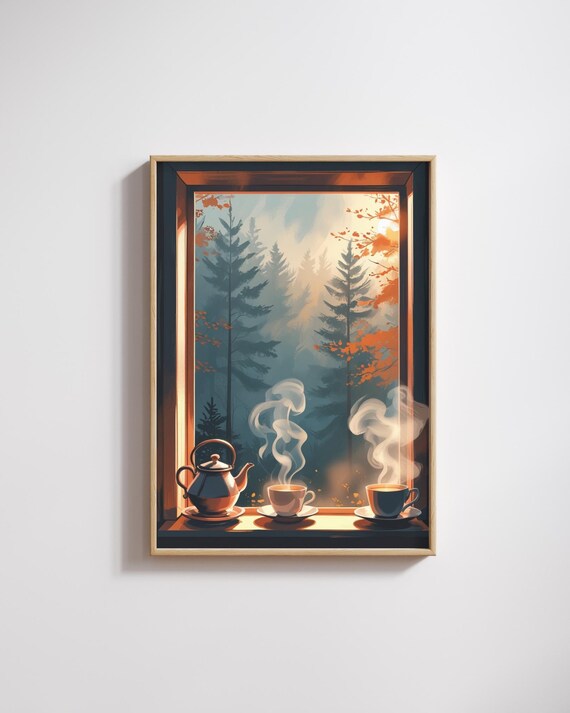 Misty Forest Morning Tea Poster Cozy Window View With Teapot Autumn Wall Art Print
