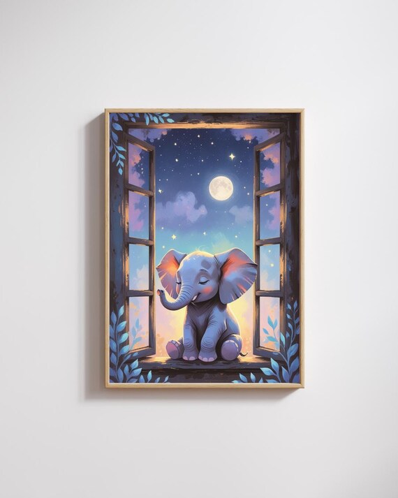 Baby Elephant Night Window Moon Stars Dreamy Nursery Illustration Poster